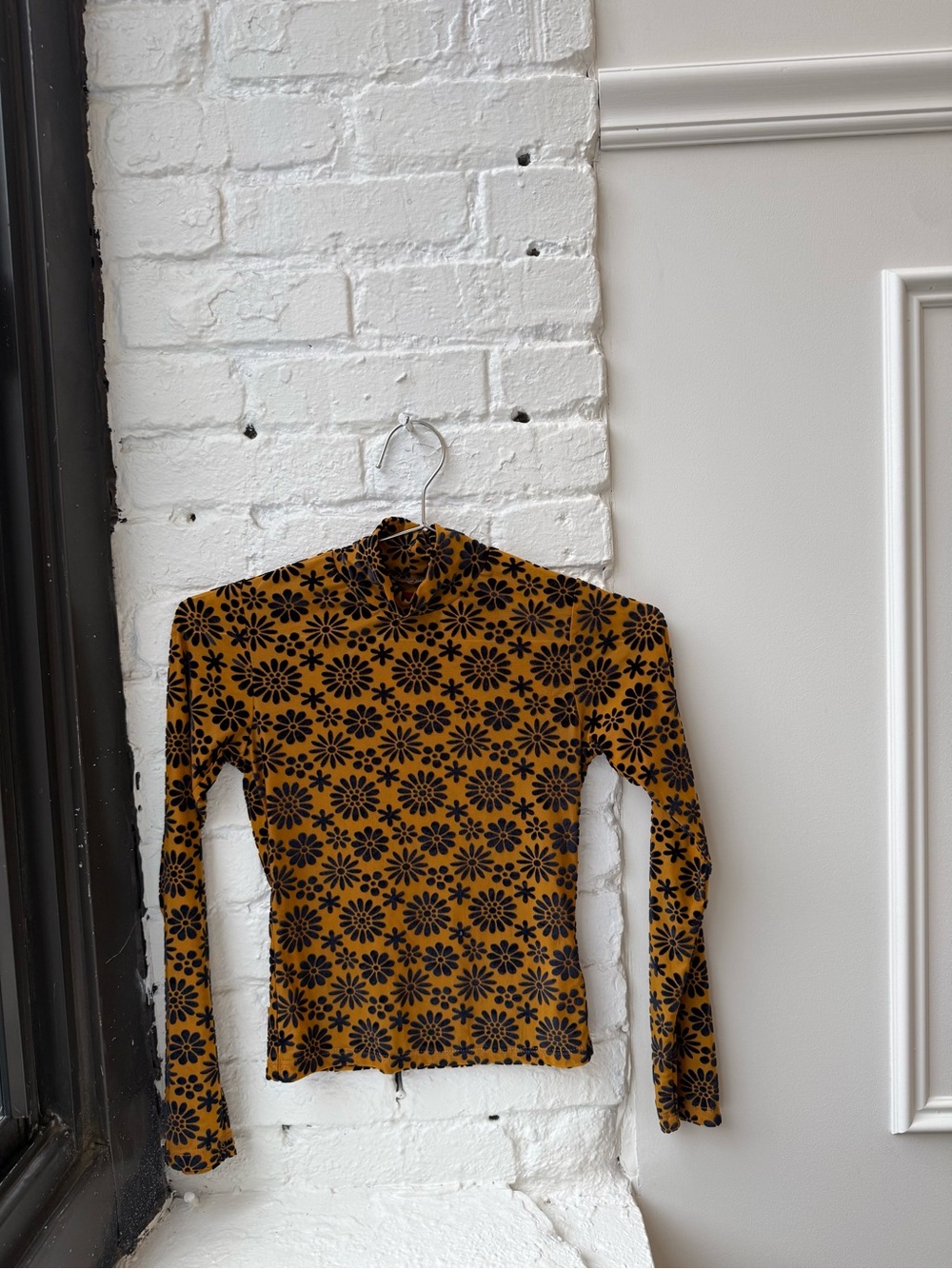 Eckhaus Latta Mustard Long Sleeve Mock Neck Top with Black Floral Print